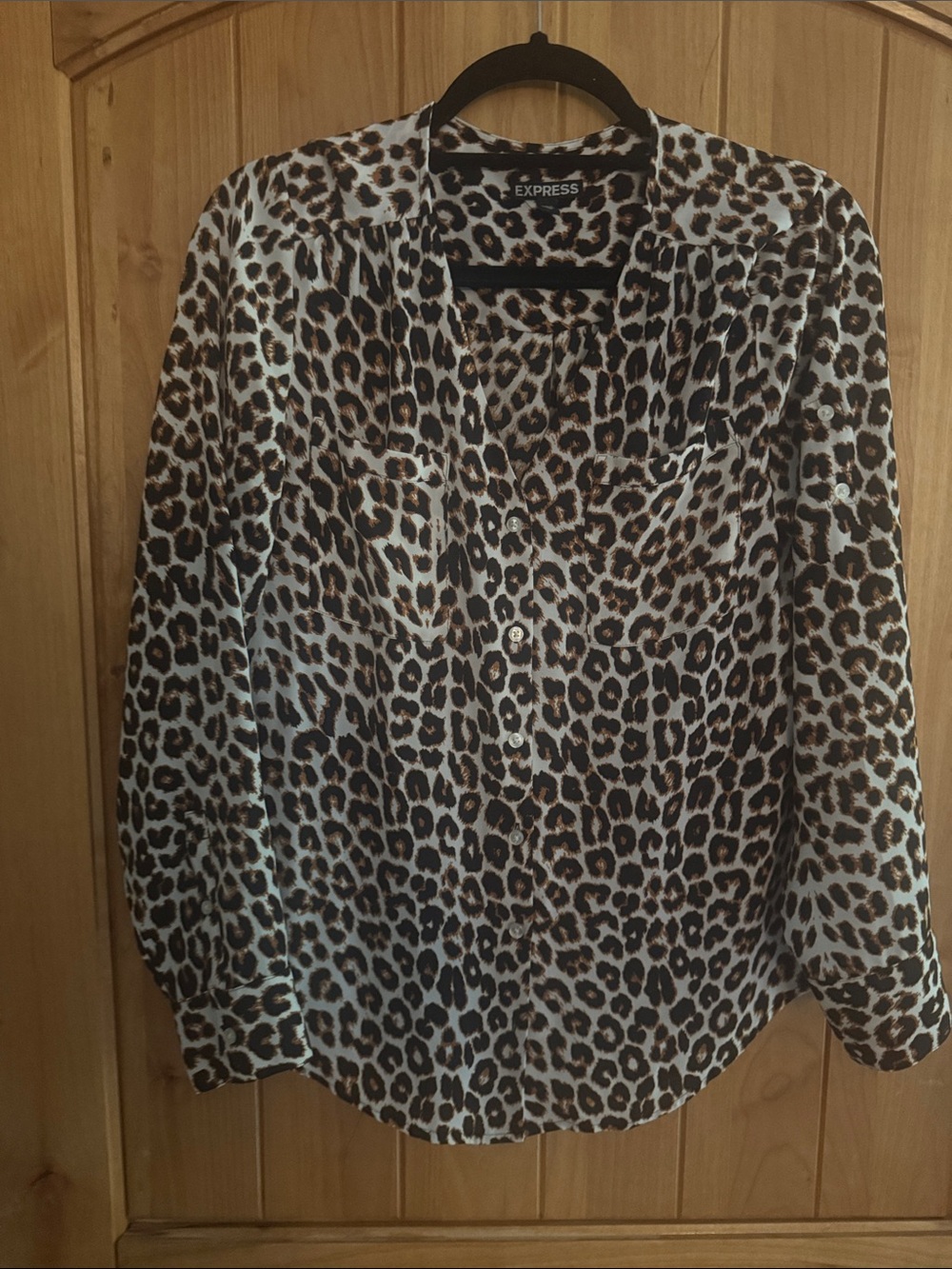 Express Leopard Print Button-Down Blouse in Brown and Black